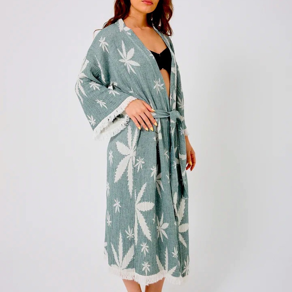 Woven Festival Robe Duster Moss Green Cotton Jacquard Boho Layer NWT
